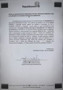 EDITAL DE CONVOCAÇÃO DO PARTIDO REPUBLICANOS DO MUNICÍPIO DE MACHADINHO D’ OESTE.