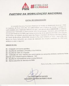 EDITAL DE CONVOCAÇÃO DO PARTIDO DA MOBILIZAÇÃO NACIONAL DE PORTO VELHO