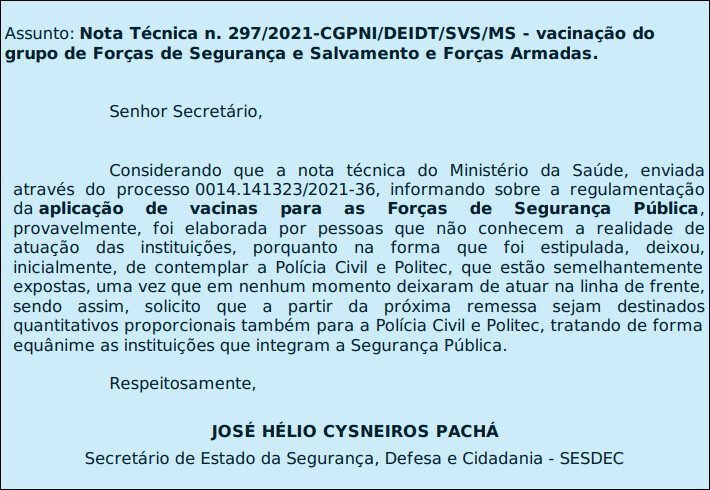 Secretário culpa Ministério da Saúde e pede inclusão da Polícia Civil e Politec em plano de vacinação Secretário culpa Ministério da Saúde e pede inclusão da Polícia Civil e Politec em plano de vacinação