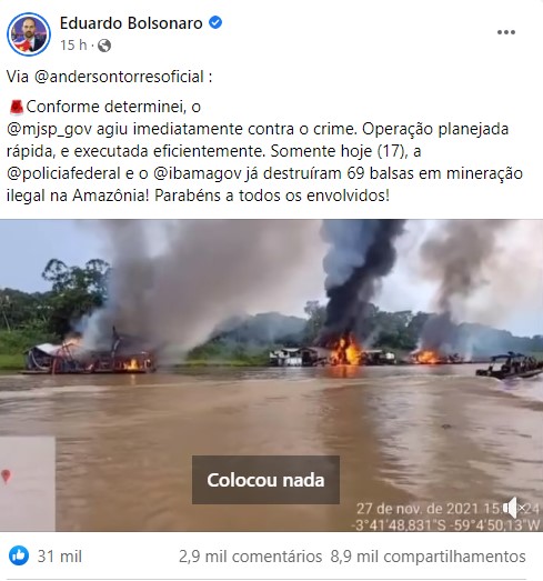Eduardo Bolsonaro comemora queima de dragas no Rio Madeira